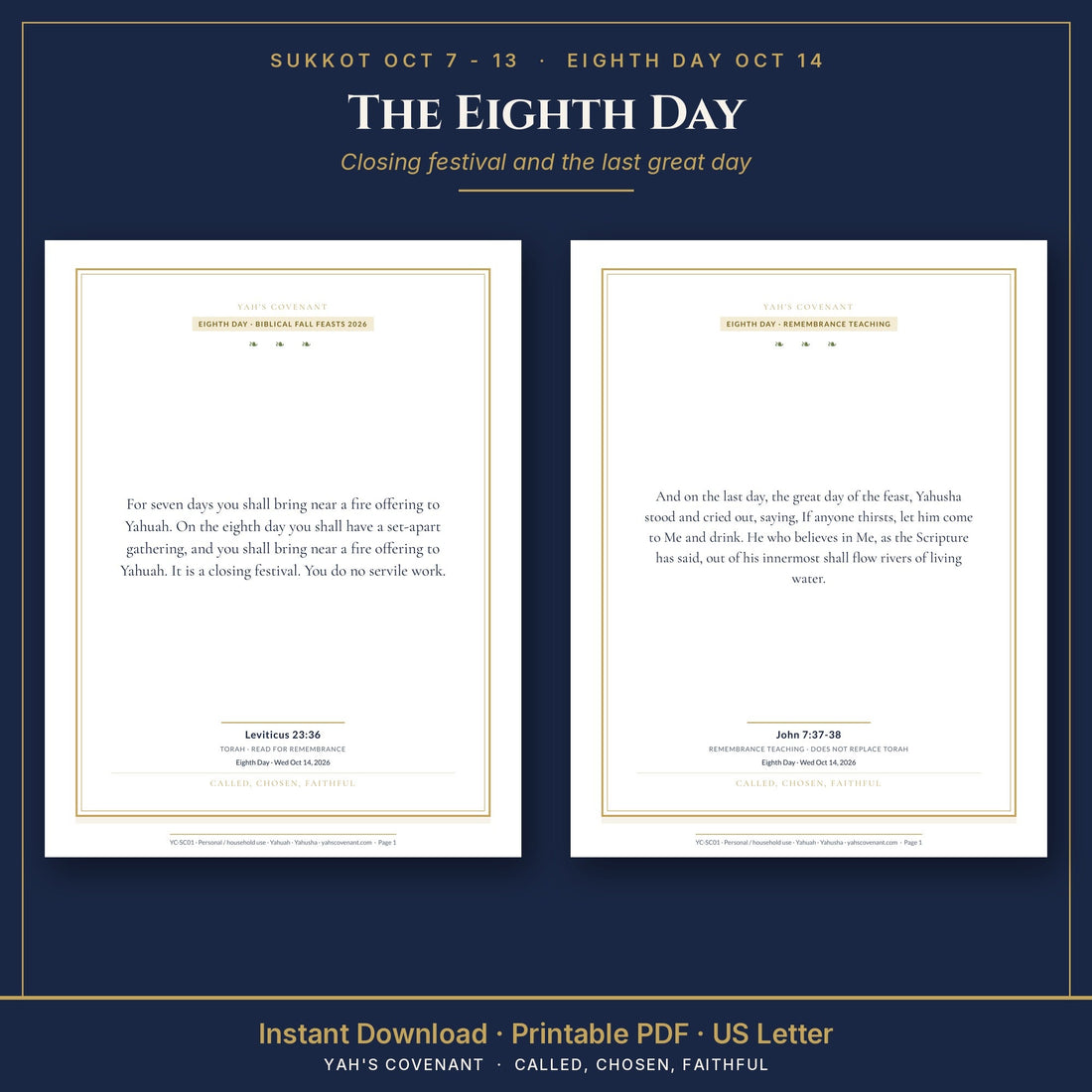 Eighth Day scripture cards with Leviticus 23:36 and John 7:37 to 38, Shemini Atzeret meaning