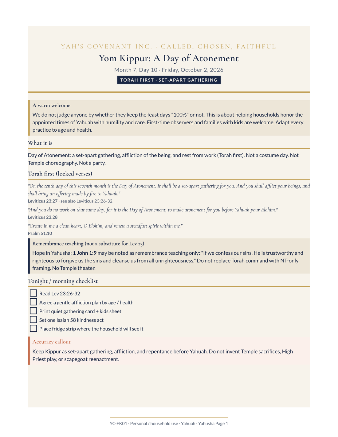 Yom Kippur Day of Atonement overview page with Leviticus 23:27 and 23:28, Friday, October 2, 2026