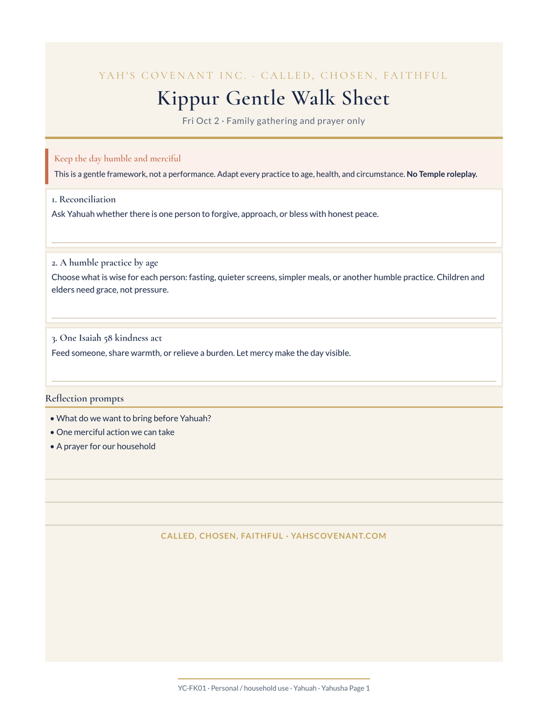 Kippur gentle walk sheet with reconciliation, a humble practice by age, and one Isaiah 58 kindness, from the Yom Kippur Instant Household Pack
