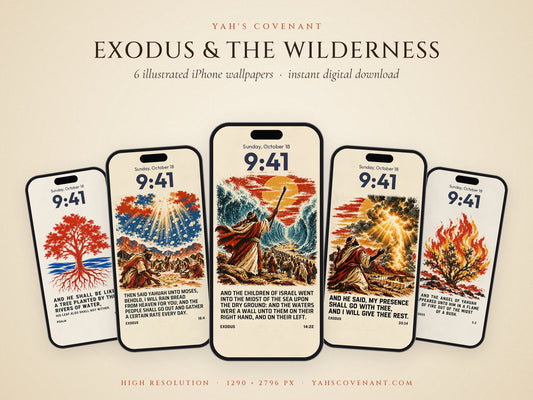 Exodus and the Wilderness iPhone wallpaper pack by Yah's Covenant: five phone lock screens with the Red Sea, manna, burning bush and tree designs