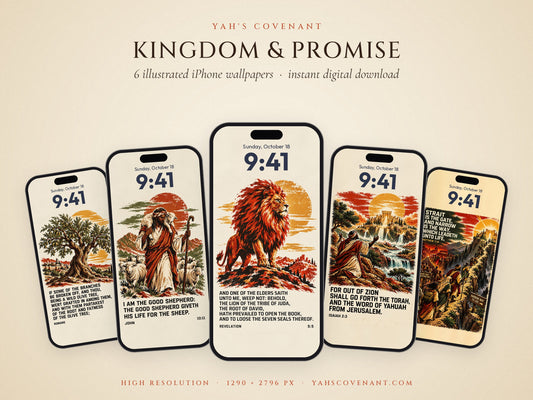 Kingdom and Promise iPhone wallpaper pack by Yah's Covenant: five phone lock screens with the olive tree, Good Shepherd, Lion, Zion and narrow way designs