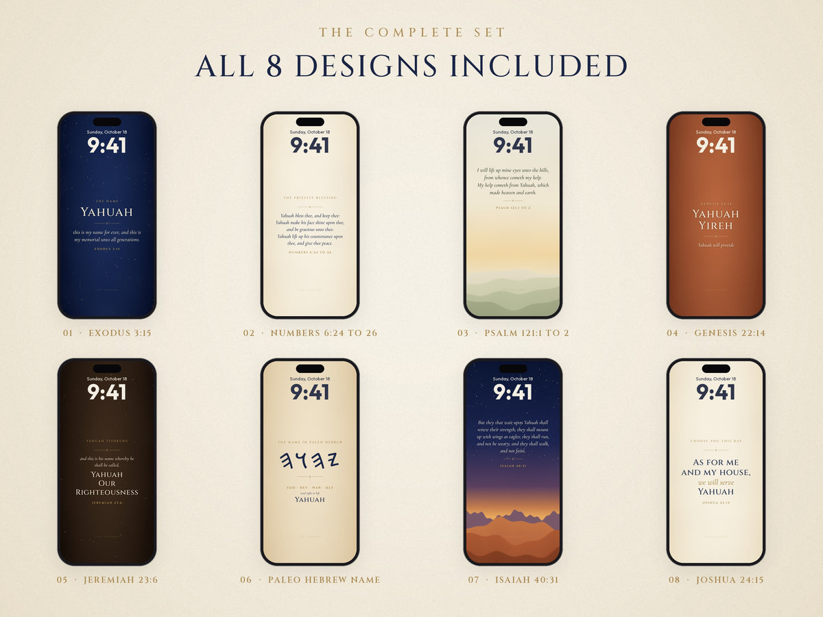 All eight Yah's Covenant iPhone wallpapers with the Name Yahuah and KJV scripture