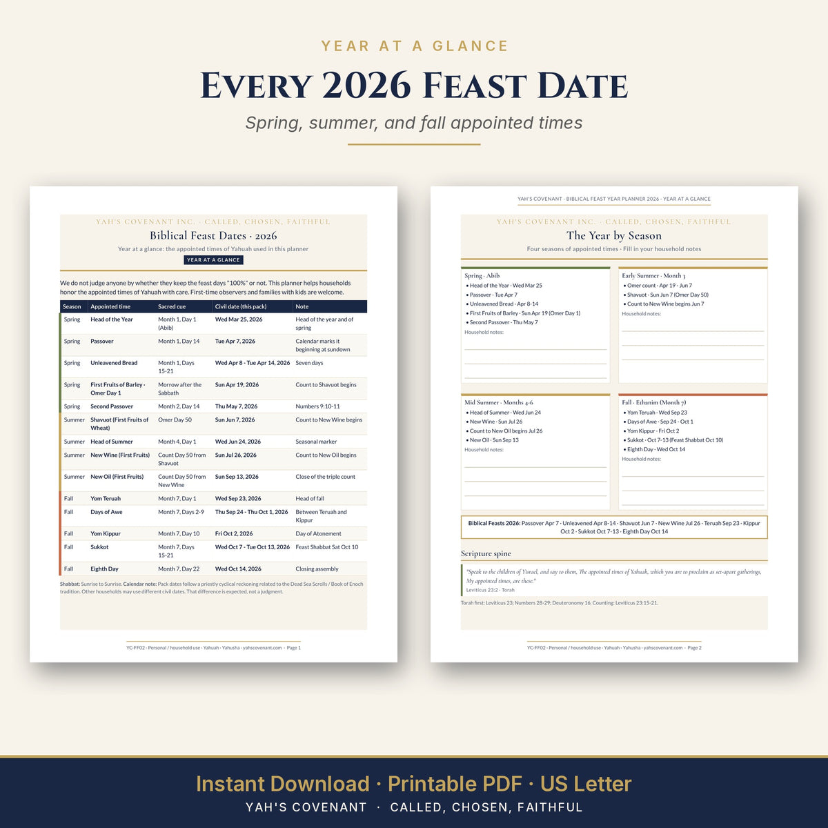Biblical Feast Year Planner 2026 year at a glance