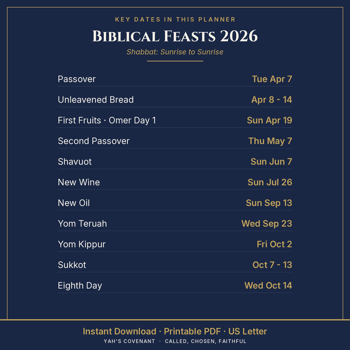 Biblical Feast Year Planner 2026 key dates