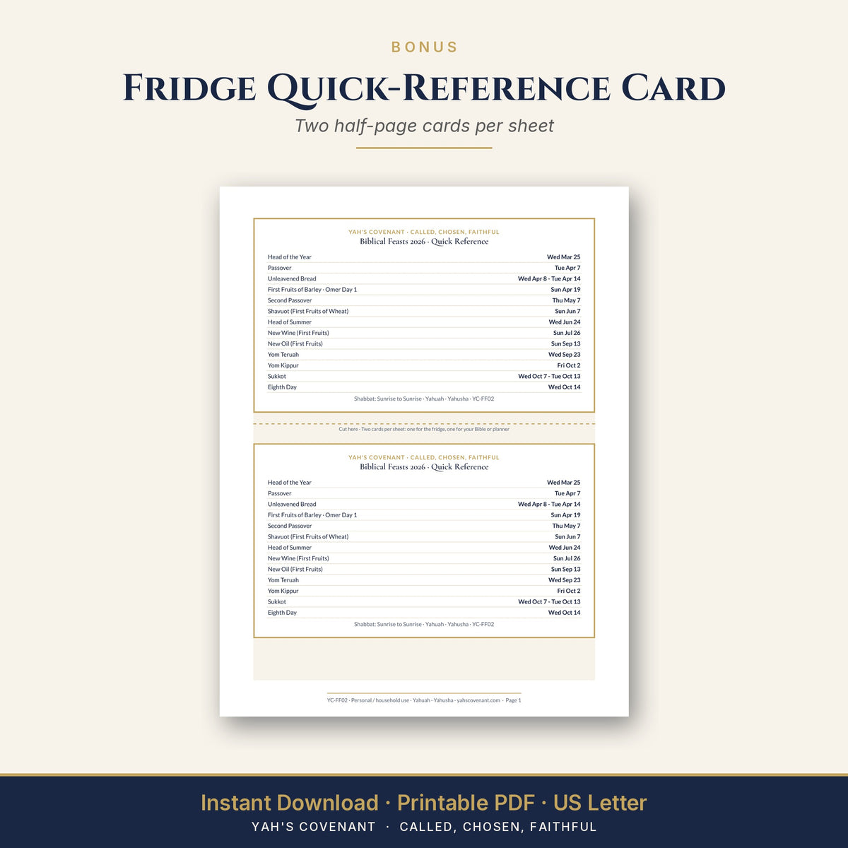 Biblical Feast Year Planner 2026 fridge card