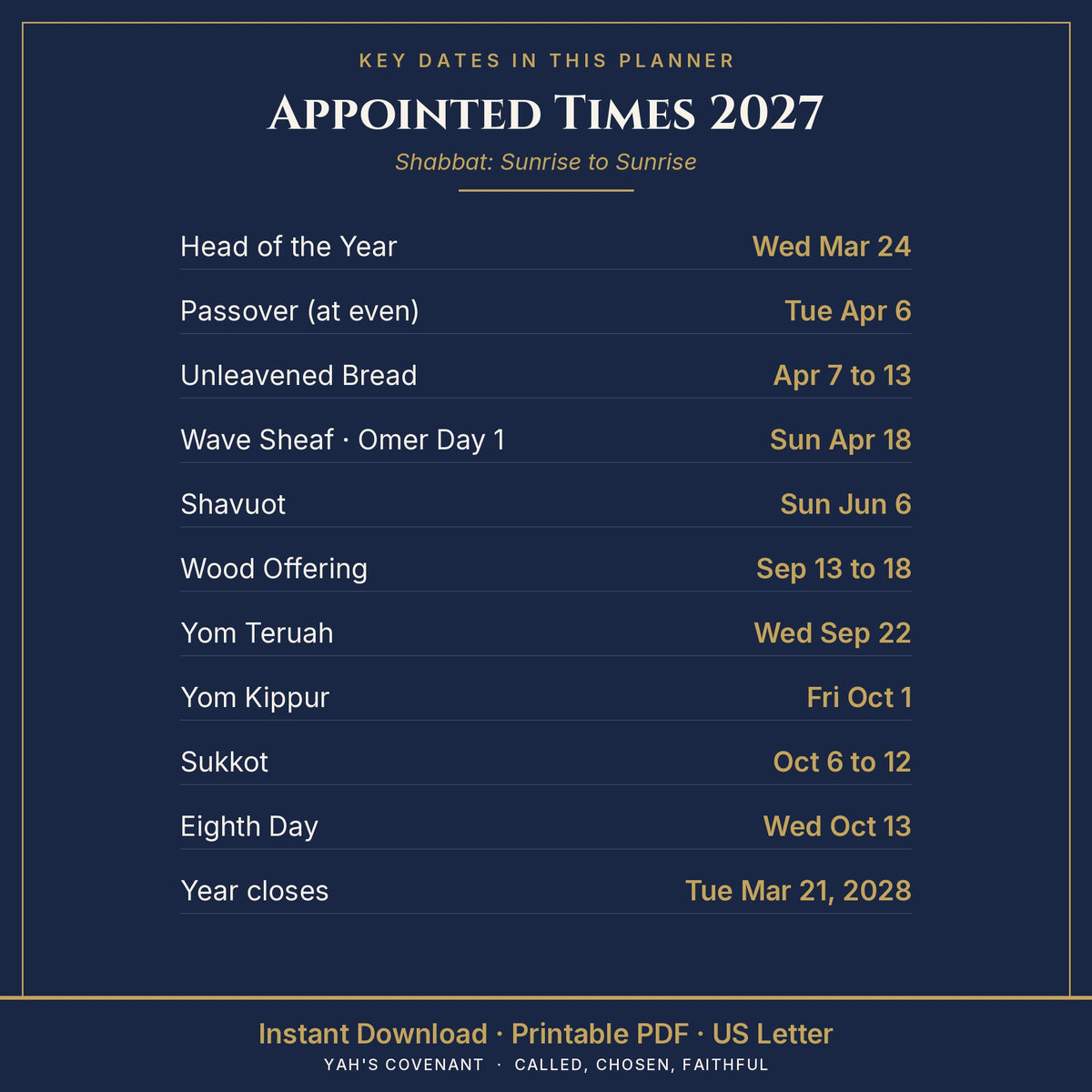 Feast Year Planner 2027 to 2028 key dates