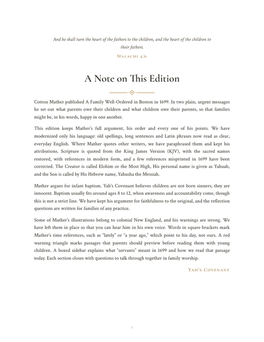 Editor's note page from A Family Well-Ordered modern edition