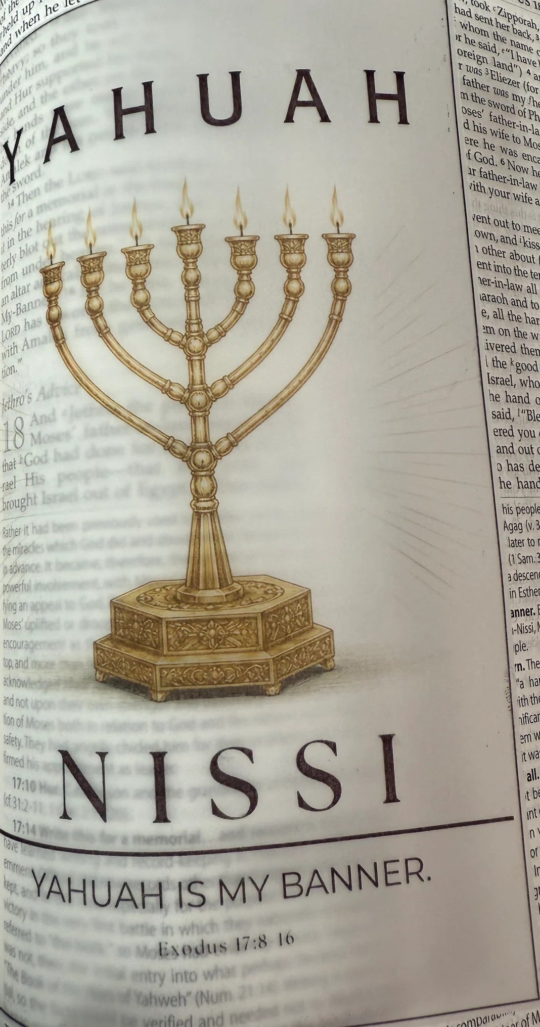 Yahuah Nissi, Yahuah is my banner, Names of Yahuah insert with a gold menorah